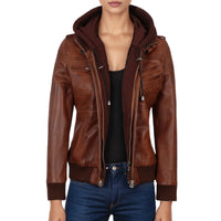 Scarlett Brown Hooded Leather Bomber Jacket